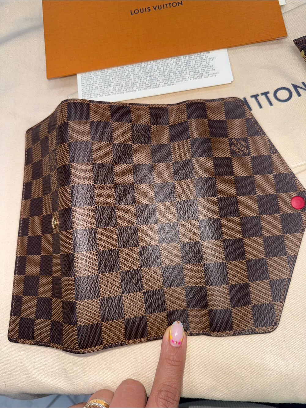Louis Vuitton Brown Damier Ebene Checkered Wallet with Red Snap - Picture 6 of 11